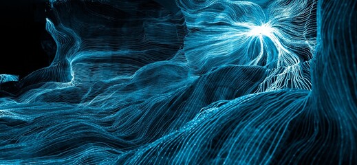 Abstract wave of digital weave lines connecting network dots and dark background . Modern 3D mesh pattern design geometric showing futuristic computer science technology concepts .
