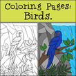 Coloring page with example. Cute parrot blue macaw sits and smiles.