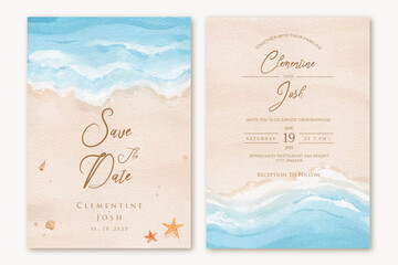 set of wedding invitation with summer beach hand drawn watercolor background