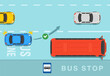 Safety driving and traffic regulating rules. Blue sedan car is about to changing lane to overtake the bus. Flat vector illustration template.