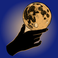 Wall Mural - Human hand holding full moon in shining halo. Creative concept. 