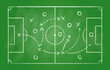 Soccer strategy, football game tactic drawing on chalkboard. Hand drawn soccer game scheme, learning diagram with arrows and players on greenboard, sport plan vector illustration