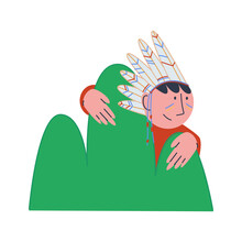 Play Hide And Seek With Friends. Children's Costume Party. A Boy In A Bandage Of Bird Feathers On His Head Peeks Out From Behind A Bush. Flat Vector Illustration.