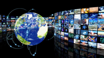 Fototapete - Movie screen and global communication network concept. Broadcasting.