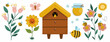 Vector apiary icons collection. Farm honey making set. Cute beekeeping concept illustration with beehive, flowers, sunflower, flowers, jar, butterfly, sun. Bee house element..