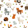 Vector seamless pattern with farm animals and birds. Repeat background with cow, horse, goat, sheep, duck, hen, pig. Rural countryside themed nature digital paper.
