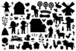 Vector farm silhouettes set. Rural black icons collection with funny kid farmers, barn, country house, animals, birds, tractor, windmill, hay, beehive. Cute village or garden shadow illustrations.