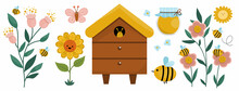 Vector Apiary Icons Collection. Farm Honey Making Set. Cute Beekeeping Concept Illustration With Beehive, Flowers, Sunflower, Flowers, Jar, Butterfly, Sun. Bee House Element..