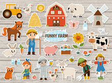 Big Vector Farm Stickers Set. Rural Patches Icons Collection With Funny Kid Farmers, Barn, Animals, Birds, Tractor, Hay, Beehive. Cute Flat Village Or Garden Illustrations On Wood Background.