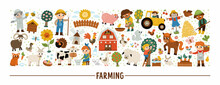 Vector Farm Horizontal Set With Farmers And Animals. Rural Country Card Template Or Local Market Design For Banners, Invitations. Cute Countryside Illustration With Barn, Cow, Tractor, Pig, Hen