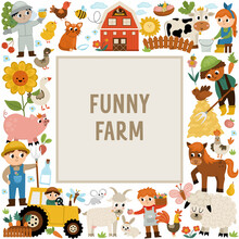 Vector Farm Square Frame With Farmers And Animals. Rural Country Card Template Or Local Market Design For Banners, Invitations. Cute Countryside Illustration With Barn, Cow, Tractor, Pig, Hen, Flower.