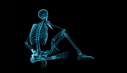 human skeleton sitting in x-ray mode, 3d illustration rendering