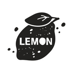 Wall Mural - Lemon grunge sticker. Black texture silhouette with lettering inside. Imitation of stamp, print with scuffs. Hand drawn isolated illustration on white background