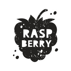 Fototapete - Raspberry grunge sticker. Black texture silhouette with lettering inside. Imitation of stamp, print with scuffs. Hand drawn isolated illustration on white background