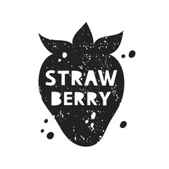 Fototapete - Strawberry grunge sticker. Black texture silhouette with lettering inside. Imitation of stamp, print with scuffs. Hand drawn isolated illustration on white background