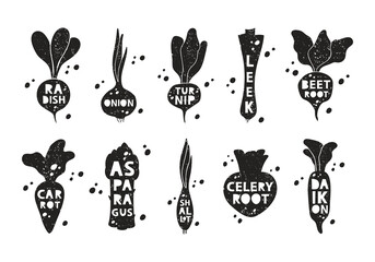 Vegetable and root crops, grunge stickers set. Radish, onion, turnip, beet, leek, carrot, daikon, asparagus, shallot, celery. Black texture silhouette, lettering inside. Imitation of stamp with scuffs