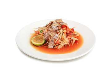 Wall Mural - Dried Squid papaya salad in dish isolated on white background. Image with Clipping path.