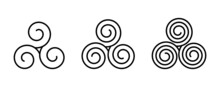 Celtic Triskelion Set. Triskeles Ancient Geometric Motif. Movement, Motion Energy Symbol. Action, Cycles, Progress Meaning. Triple Spiral Symmetry Decoration Ornament. Vector Illustration, Clip Art. 