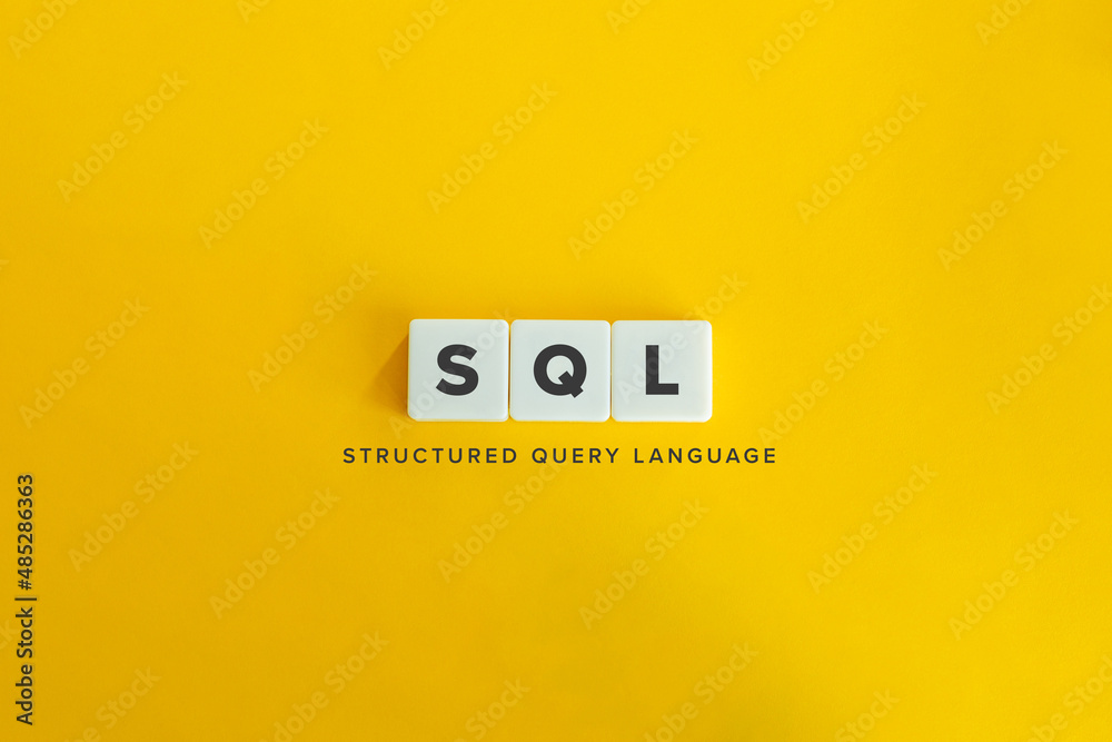 SQL (structured query language) Banner. Letter tiles on bright orange background. Minimal aesthetics.