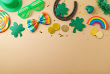 St Patricks Day Holiday Background With Lucky Charms, Shamrock And Rainbow. Top View, Flat Lay