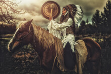 Shaman Woman In Landscape With Her Horse.