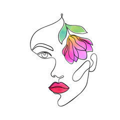 Sticker - Minimal woman face with watercolor flower.