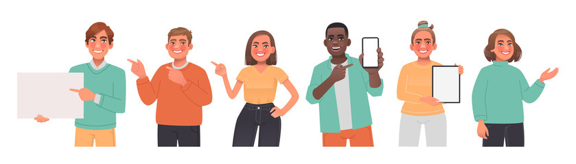 Set of happy people pointing to the side, phone and tablet, blank banner. Character for the presentation of goods or services