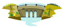 Detailed Illustration Of A Reservoir. Water Dam.