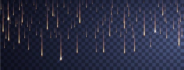 Shimmering golden particles. Meteor Rain. Falling glowing comets on transparent background. Light of falling of a meteorite asteroid, comet