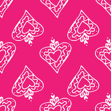 A Pattern Of White Hearts On Bright Pink. Vector Seamless Hand-drawn Doodle-style Hearts With A Pattern Of Wavy Lines And Dots In White Outline For The Design Template Of Invitations, Postcards, Texti