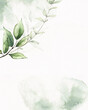 Watercolor painted gentle greenery frame template. Green and background with branches, leaves and abstract washes. 