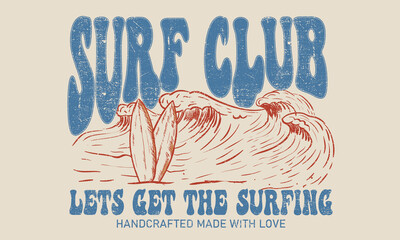 surf club graphic print design for t shirt, sticker, poster and others. surf board with wave vector 