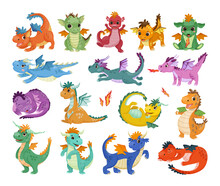 Collection Of Cute Dragons In Cartoon Style. Children's Illustrations.