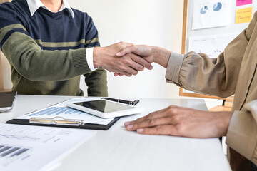 Poster - Teamwork partnership meeting concept, Two confident Business shaking hands after discussing good deal of trading contract and new projects for both companies