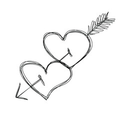 Wall Mural -  Cupid arrow two Hearts and an Arrow Lovers continuous line one line drawing Doodle isolated vector illustration