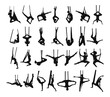 Collection of black silhouettes of girls doing aerial yoga. Character shadow illustrations.