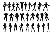 Collection Of Black Silhouettes Of Female Bodybuilders. Character Shadow Illustrations.