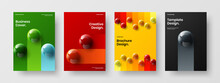 Original Handbill A4 Vector Design Concept Set. Bright Realistic Spheres Placard Layout Composition.
