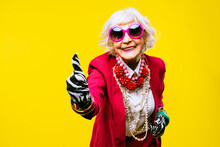 Cool And Stylish Senior Old Woman With Fashionable Clothes