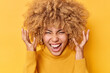 Headshot of emotional curly haired woman exclaims loudly keeps hands raised near head has mouth opened wears casual jumper isolated over vivid yellow background shouts from joy. Emotions concept