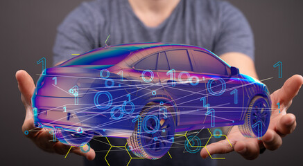 Poster - Electric car icon from lines, triangles and particle style