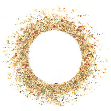 A Mixture Of Different Spices And Herbs Isolated On White Background. Circle Of Spice Mix: Garlic, Onion, Parsley, Oregano, Red Paprika.