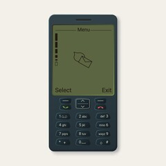Poster - Retro mobile phone. Old button gadget with digital envelope