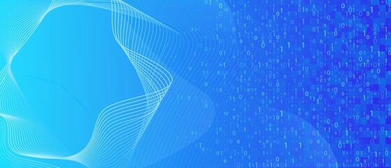 Poster - Abstract blue digital background. Wavy lines with running code from numbers and geometric polygonal machine learning vector elements.