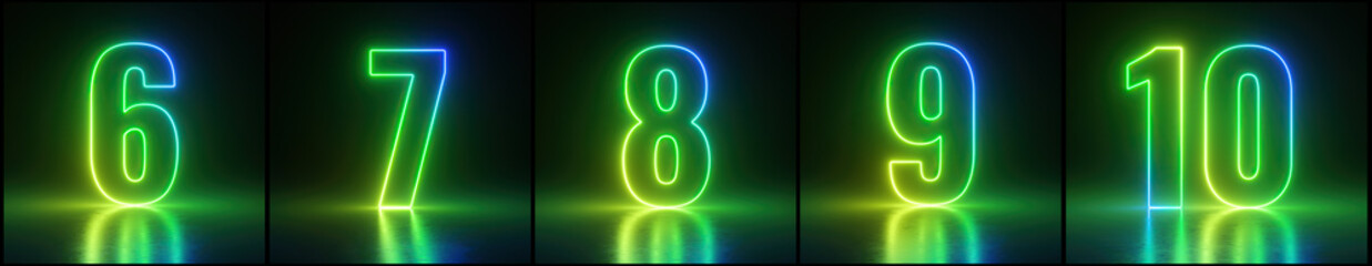 Wall Mural - 3d render, neon numbers from six to ten glowing in the dark with green light, laser rays over black background