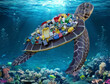 Wasserschildkröte mit Umweltmüll Unterwasser