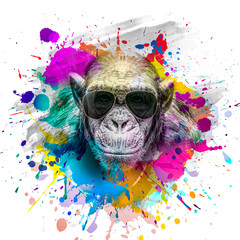 Wall Mural - monkey head in eyeglasses with creative colorful abstract elements on dark background, close view