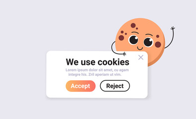 Poster - protection of personal information cookie mascot character with internet web pop up we use cookies policy notification