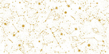 Magical Seamless Pattern With Golden Constellations And Stars On A White Background. Mystical Esoteric Boho Background For Fabric Design, Tarot, Astrology, Wrapping Paper. Vector Illustration.