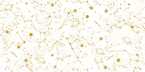 Wall Mural - Magical seamless pattern with golden constellations and stars on a white background. Mystical esoteric boho background for fabric design, tarot, astrology, wrapping paper. Vector illustration.